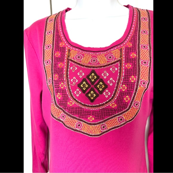 TORY BURCH Embroidered Shirt Top Blouse Pink Orange Brown Bid Front Tee Knit - Picture 3 of 9